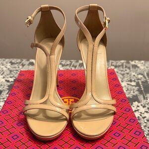 Tory Burch Elegant Patent Leather Tan Strappy Heels